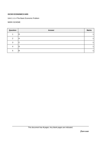 IGCSE Economics Unit 1.1: The Basic Economic Problem Worksheet Mark scheme