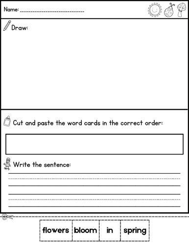 Spring Sentence Building, Writing, Scramble with Cut and Paste Worksheets