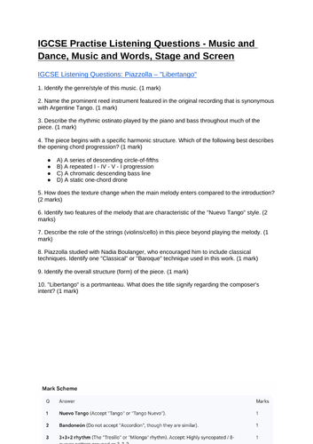 IGCSE Practise Listening Questions - Music and Dance, Music and Words, Stage and Screen