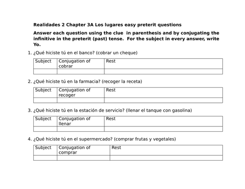Realidades 2 Chapter 3A Los lugares easy preterit questions