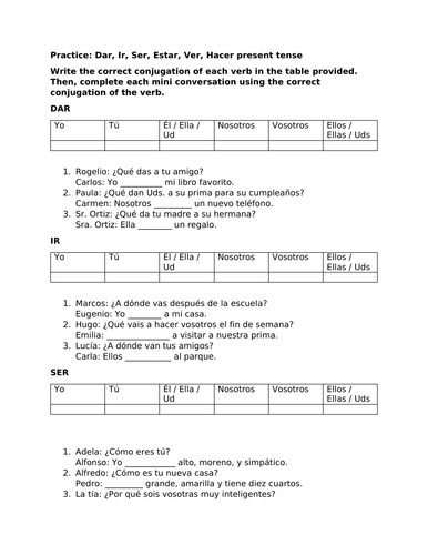 Dar ir ser ver estar hacer conversation worksheet (Present tense)