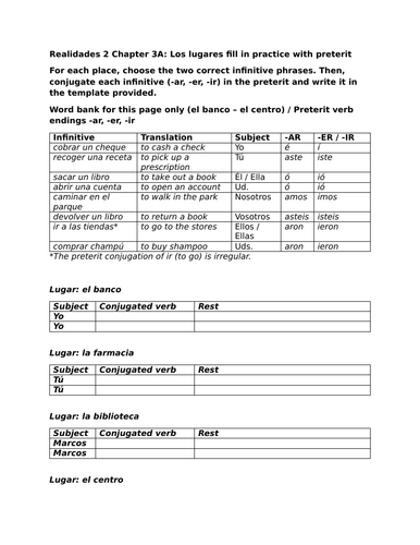 Realidades 2 Chapter 3A: Los lugares fill in practice with preterit