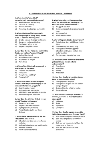 A Century Later by Imtiaz Dharker Multiple Choice Quiz