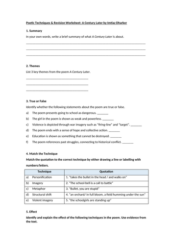 A Century Later by Imtiaz Dharker Worksheet