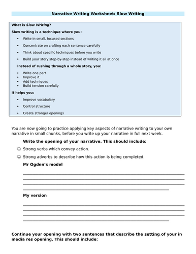 Narrative Writing: Slow Writing  a Narrative Story Worksheet