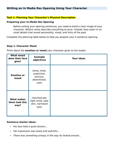 Narrative Writing: Writing an In Media Res Opening Using Your Character