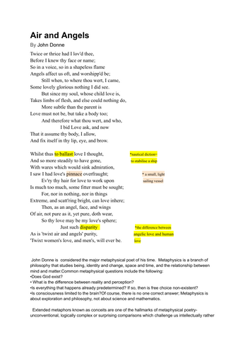 "Air and Angels" John Donne A LEVEL ENGLISH LITERAUTE analysis