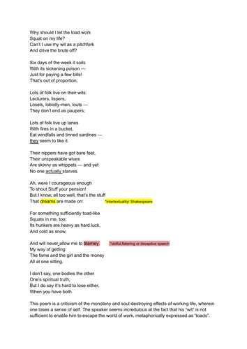 "Toads" by Philip Larkin: A /AS LEVEL ENGLISH LITERATURE poetry analysis