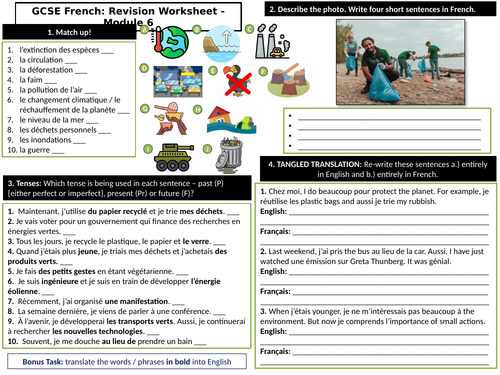 New GCSE French (2026) Revision Worksheet - Module 6 Notre planète