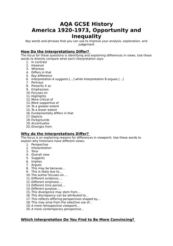Essay Key Term Phrase Bank (GCSE History AQA America 1920-1973, Opportunity and Inequality)
