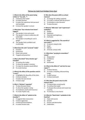 Thirteen by Caleb Femi Multiple Choice Quiz