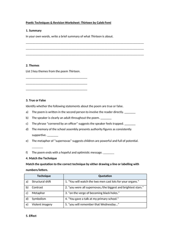 Thirteen by Caleb Femi Worksheet