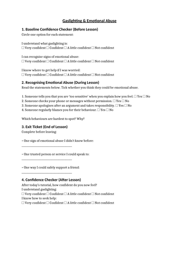 PSHE - Gaslighting (PowerPoint and Worksheet)