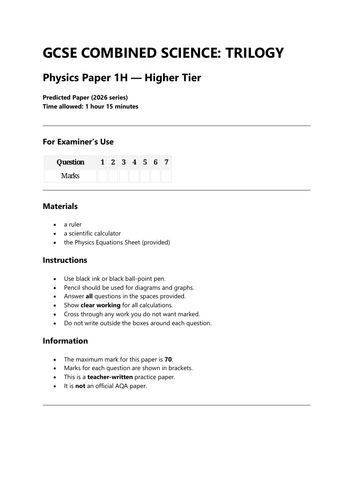 AQA Physics Predicted Exam for 2026 (Combined Science)