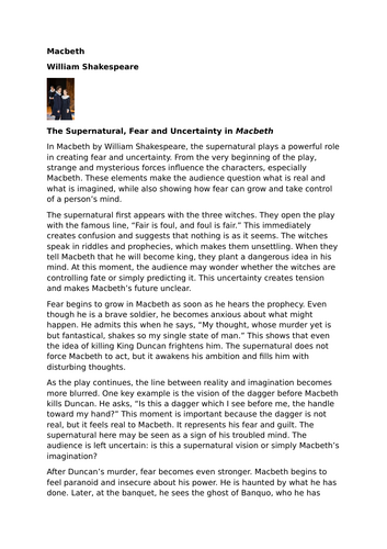 Macbeth – William Shakespeare – The Supernatural, Fear and Uncertainty