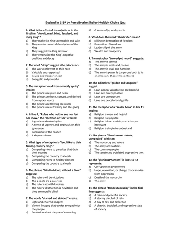 England in 1819 by Percy Bysshe Shelley Multiple Choice Quiz