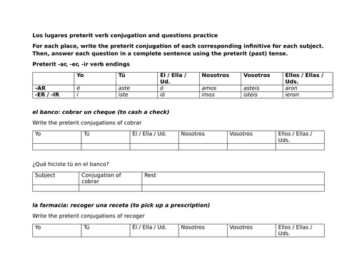 Los lugares preterit verb conjugation and questions practice