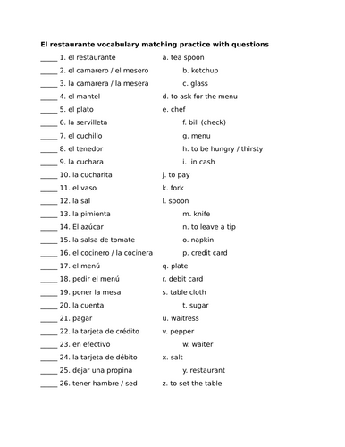El restaurante vocabulary matching practice with questions