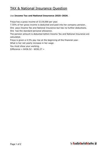 Core Mathematics Student Loan and Tax & NI Questions for Preliminary material 2026