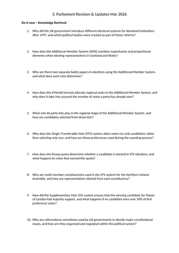2026 Update - Wales Proportional PR Election - Edexcel Government & Politics - Lesson & Materials