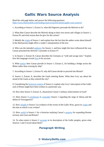 Julius Caesar's Gallic Wars Source Analysis Worksheet
