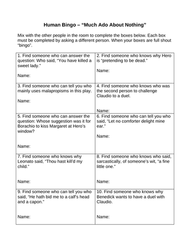 Much Ado About Nothing Act 5, Scene 1 Human Bingo Activity