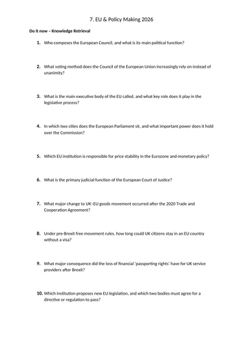 2026 Update - Brexit Policy Impact - Edexcel Government & Politics - Lesson Plan & Materials