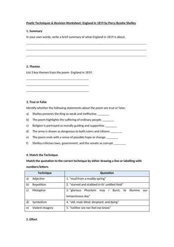 England in 1819 by Percy Bysshe Shelley Worksheet