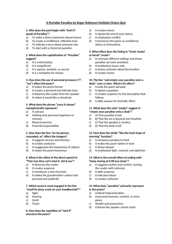 A Portable Paradise by Roger Robinson Multiple Choice Quiz