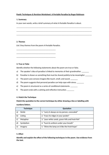 A Portable Paradise by Roger Robinson Worksheet