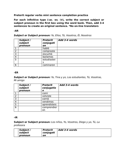 Preterit regular verbs mini sentence completion practice