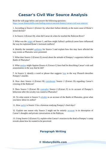 Julius Caesar Civil War Source Analysis Worksheet