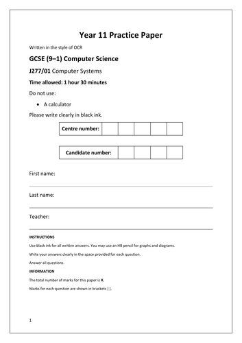 FREE - OCR J277 GCSE Computer Science Mock Exam Questions 2