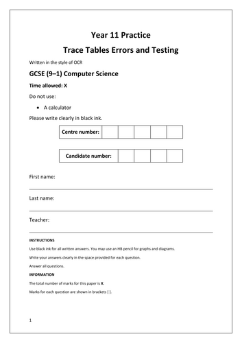 FREE - OCR J277 GCSE Computer Science Trace Tables, Errors and Testing