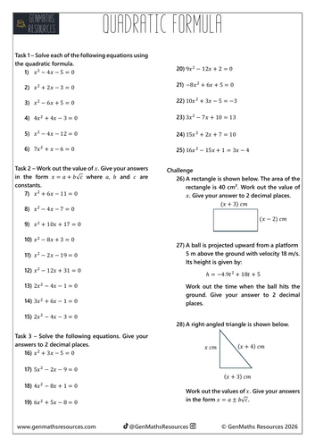Quadratic Formula - Maths GCSE Higher Worksheet