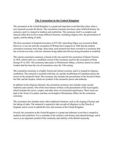 CORONATION IN THE UNITED KINGDOM / READING COMPREHENSION / NO PREP / SUB PLANS