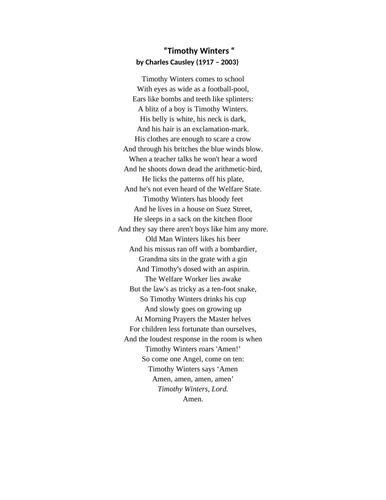 Timothy Winters Poem  Activity