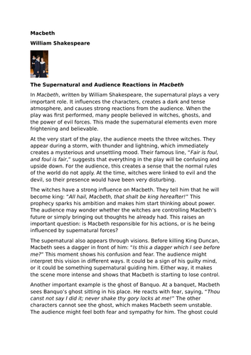 Macbeth – William Shakespeare – The Supernatural and Audience Reactions