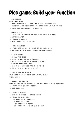 Build Your Function: Linear Graphing Dice Game