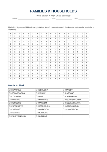 Families and households wordsearch