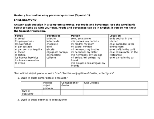 Gustar y las comidas easy personal questions (Spanish 1)