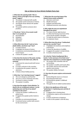 Like an Heiress by Grace Nichols Multiple Choice Quiz