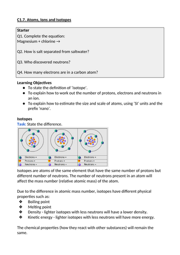 C1. Atomic Structure Lessons (AQA GCSE)