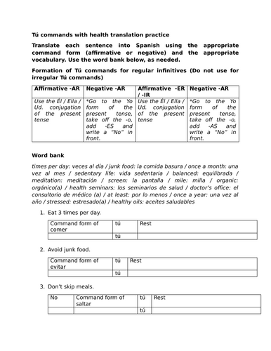 Tú commands with health translation practice