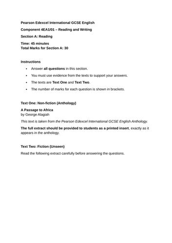 Practice Exam and Mark Scheme for IGCSE 'A passage to Africa' (4EA1/01) Pearson
