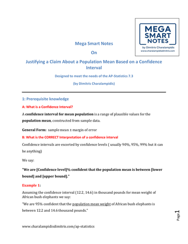 7.3 Justifying a Claim About a Population Mean Based on a Confidence Interval (Mega Notes AP Statist