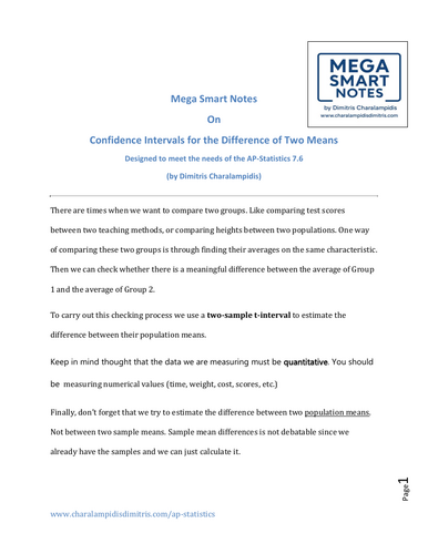 7.6 AP Stats Confidence Intervals for the Difference of Two Means
