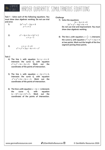 Harder Quadratic Simultaneous Equations - Maths Higher GCSE Worksheet