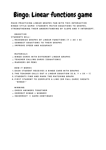 Graphing Bingo: Linear Functions Game