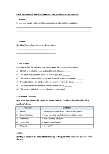 Like an Heiress by Grace Nichols Worksheet